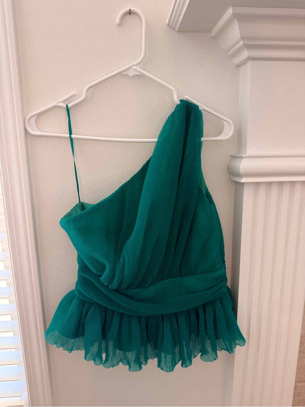 One-Shoulder Teal Pleated top